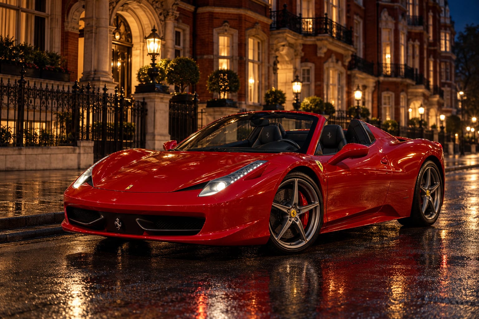A red Ferrari 458 Spider with the roof down in Knightsbridge at night