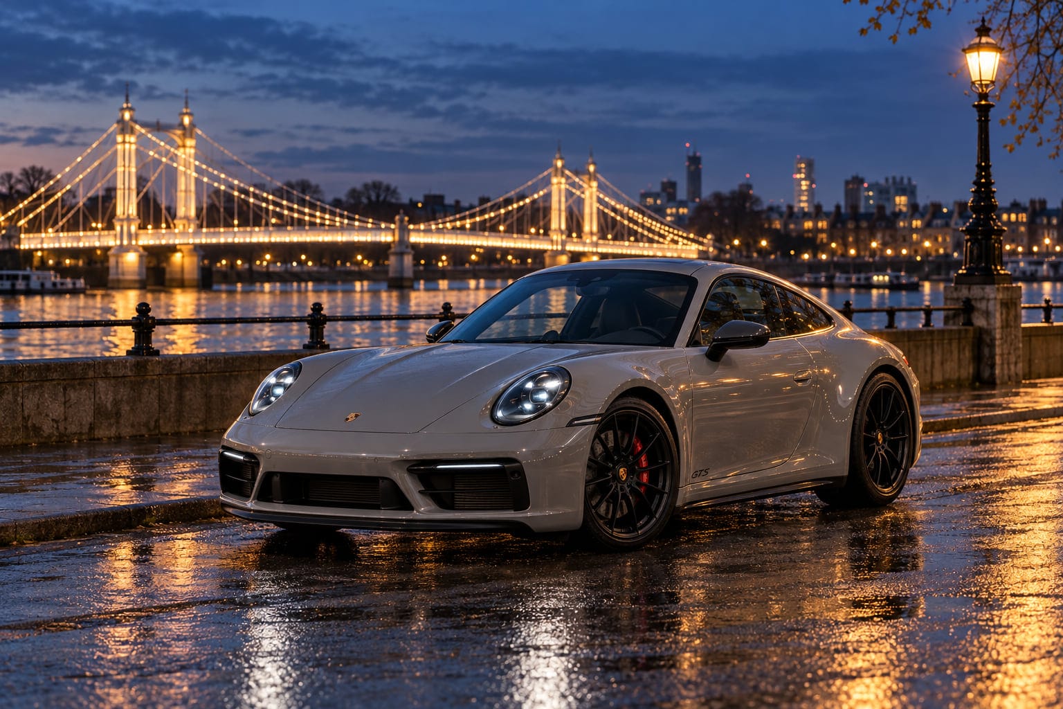 A chalk grey Porsche 911 Carrera GTS on the Thames embankment at dusk