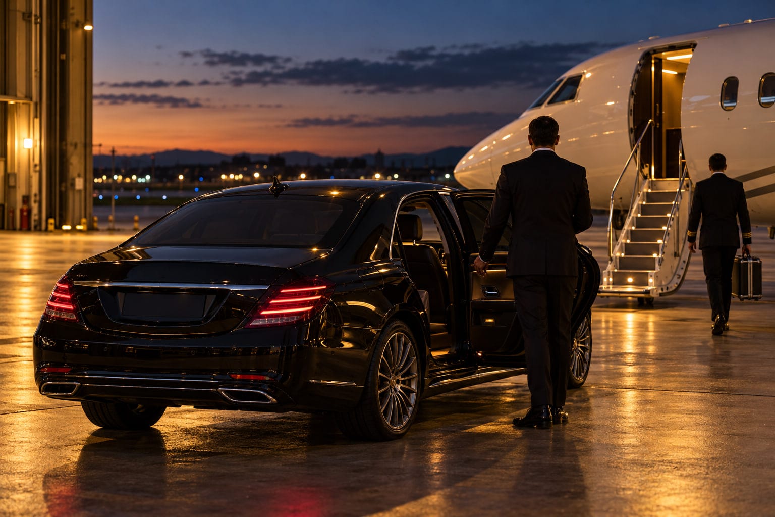 A chauffeur waits by a black S-Class beside a private jet on the apron at dusk