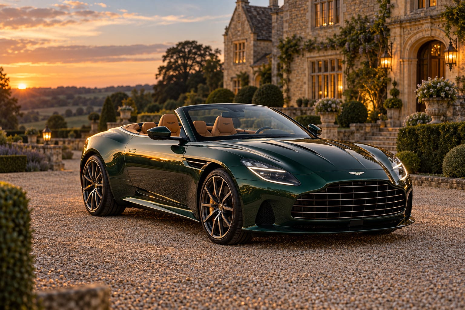 A British racing green Aston Martin DB12 Volante outside an English country estate at sunset