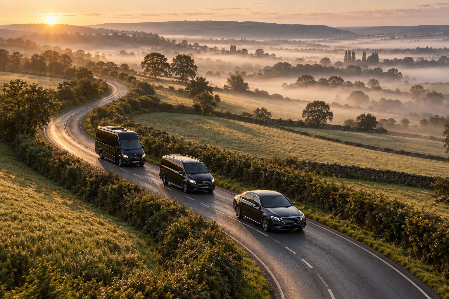 A convoy of a black S-Class, V-Class and minibus on a misty country road at dawn