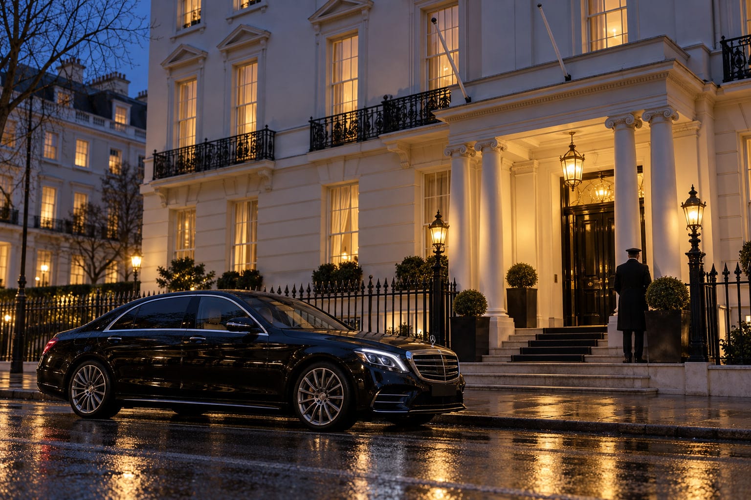 A black S-Class waiting outside a white stucco Belgravia townhouse at dusk
