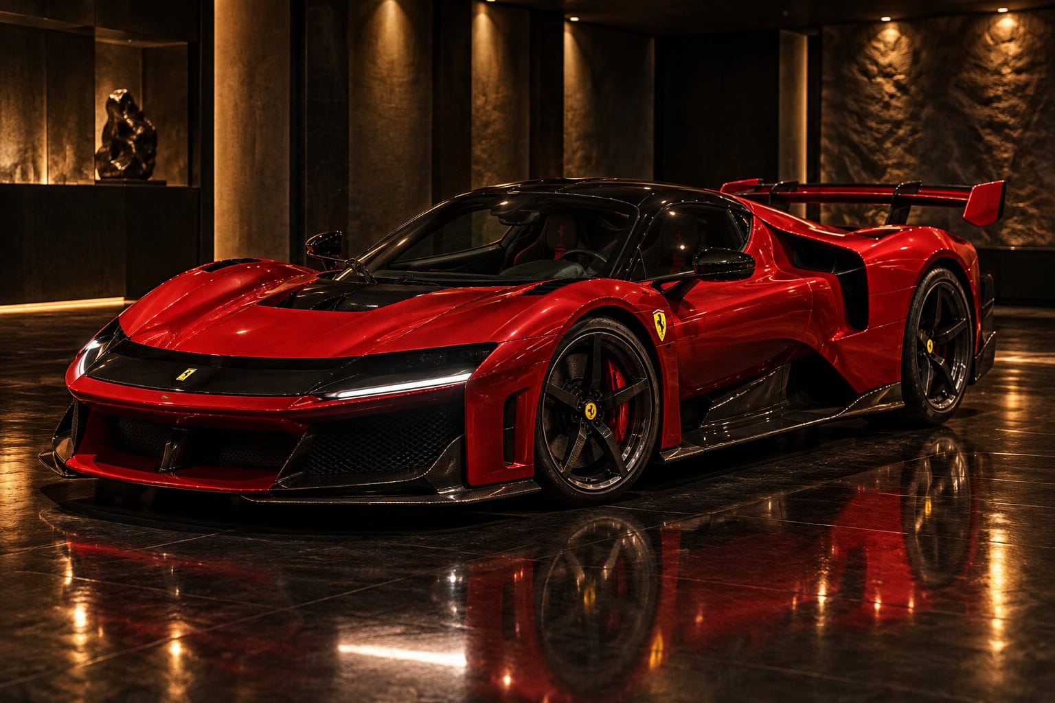 A red and black Ferrari hypercar under spotlights in a private gallery garage