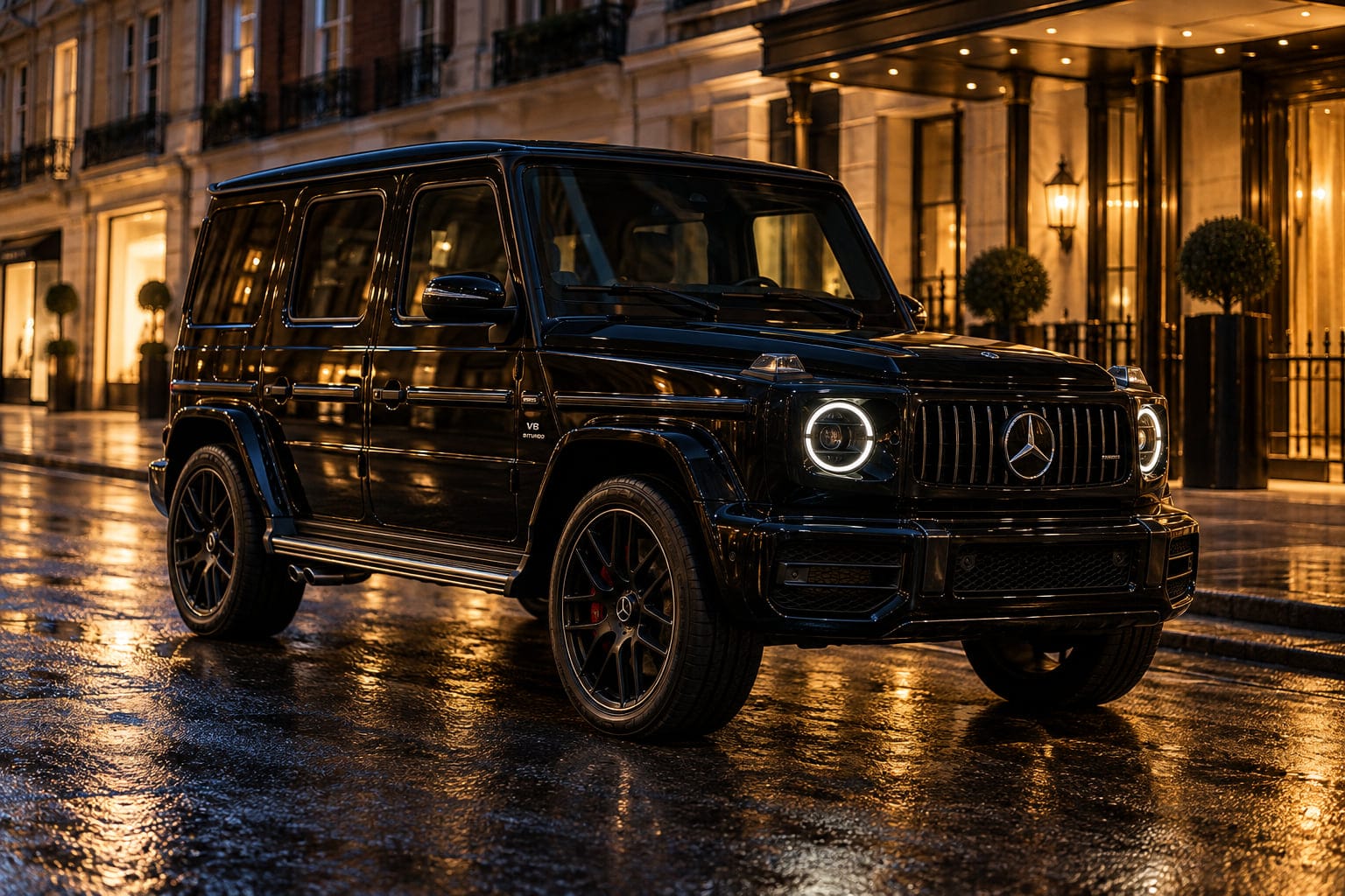 A black Mercedes-AMG G63 on a wet Mayfair street at night