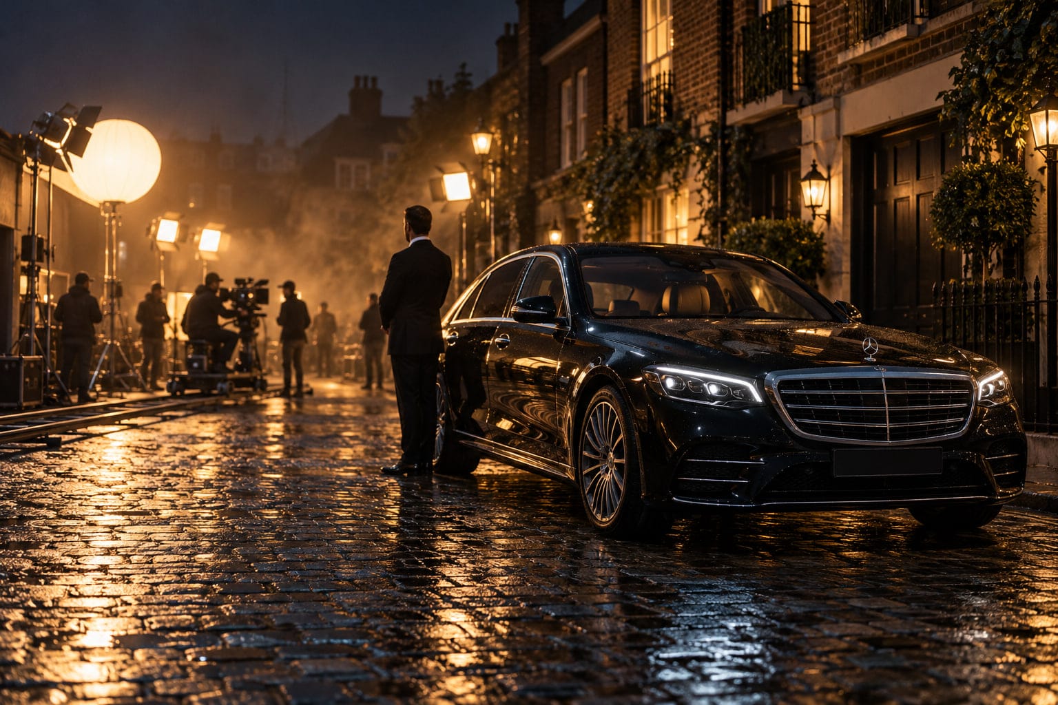 A black Mercedes-Benz S-Class and its chauffeur waiting on a rain-wet London mews beside an active film set at night