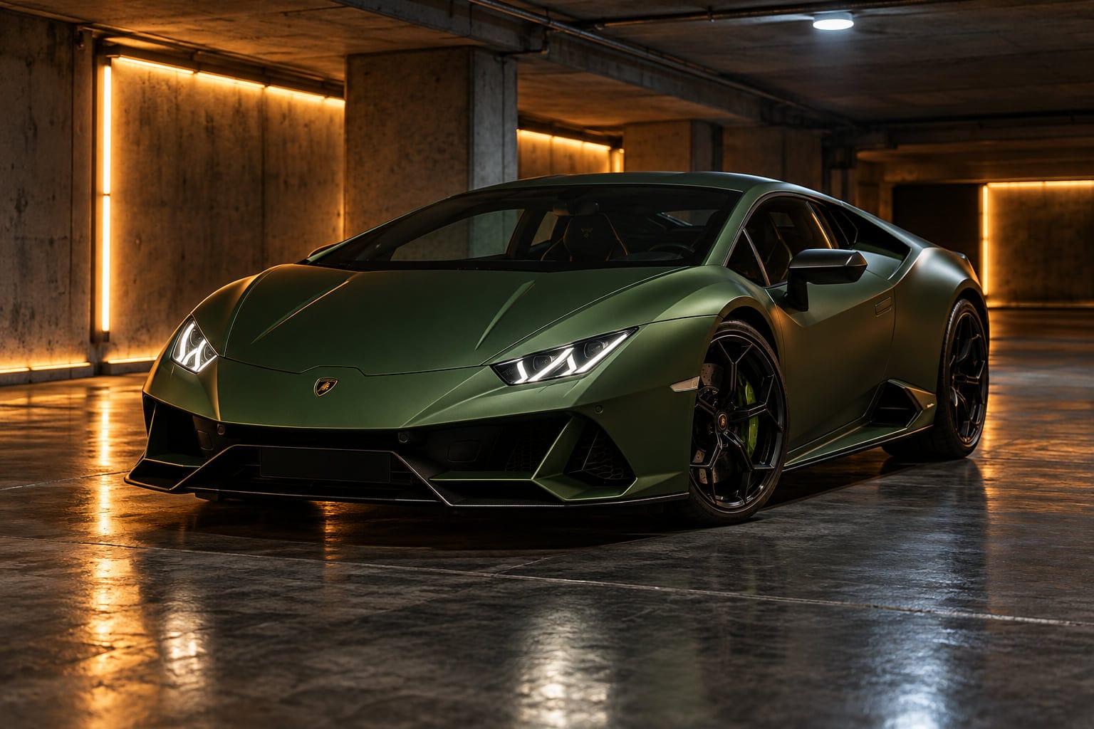 A matte green Lamborghini Huracán in a concrete underground car park