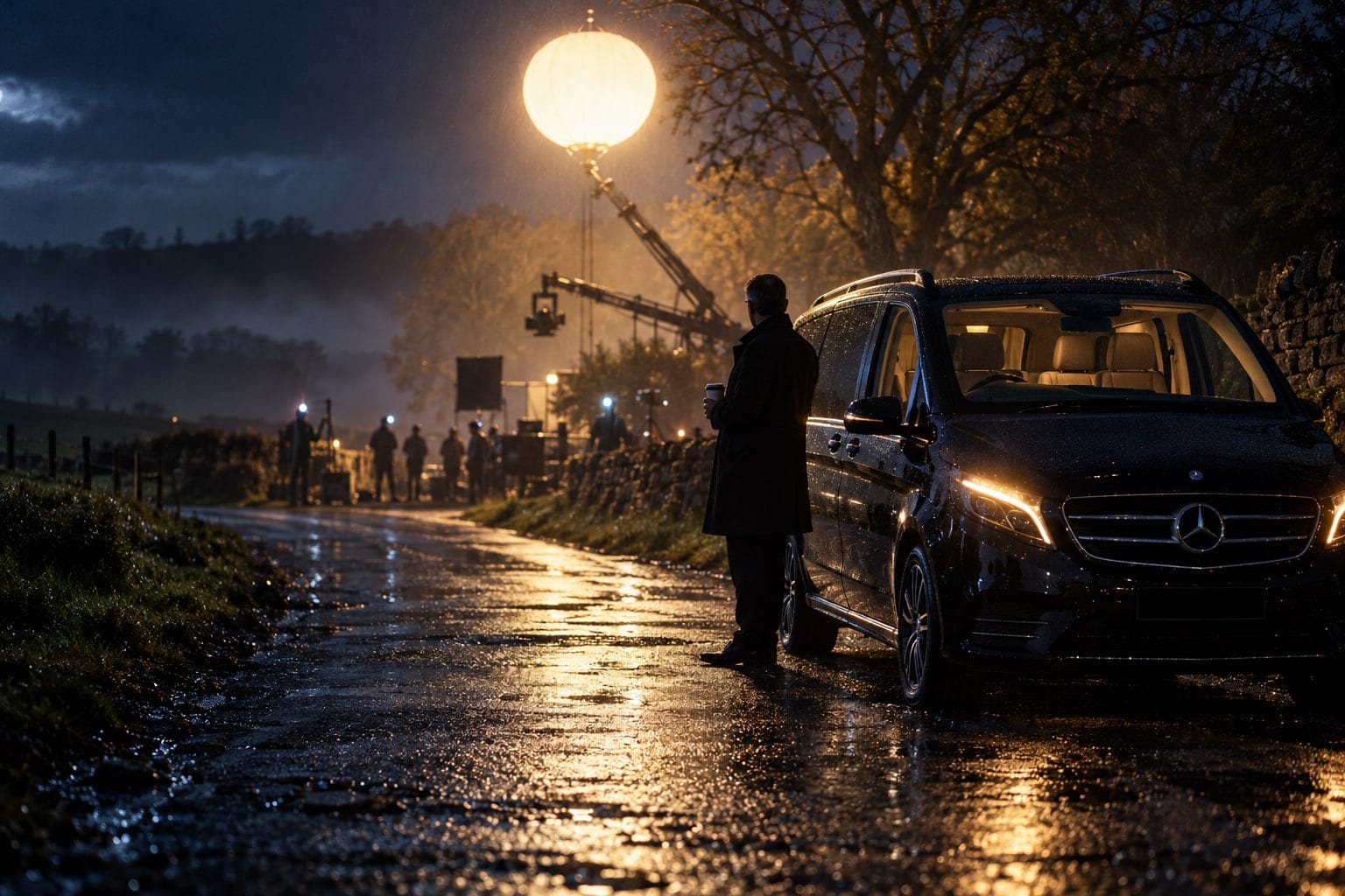A chauffeur with a coffee waits beside a black V-Class on a country lane during a night shoot