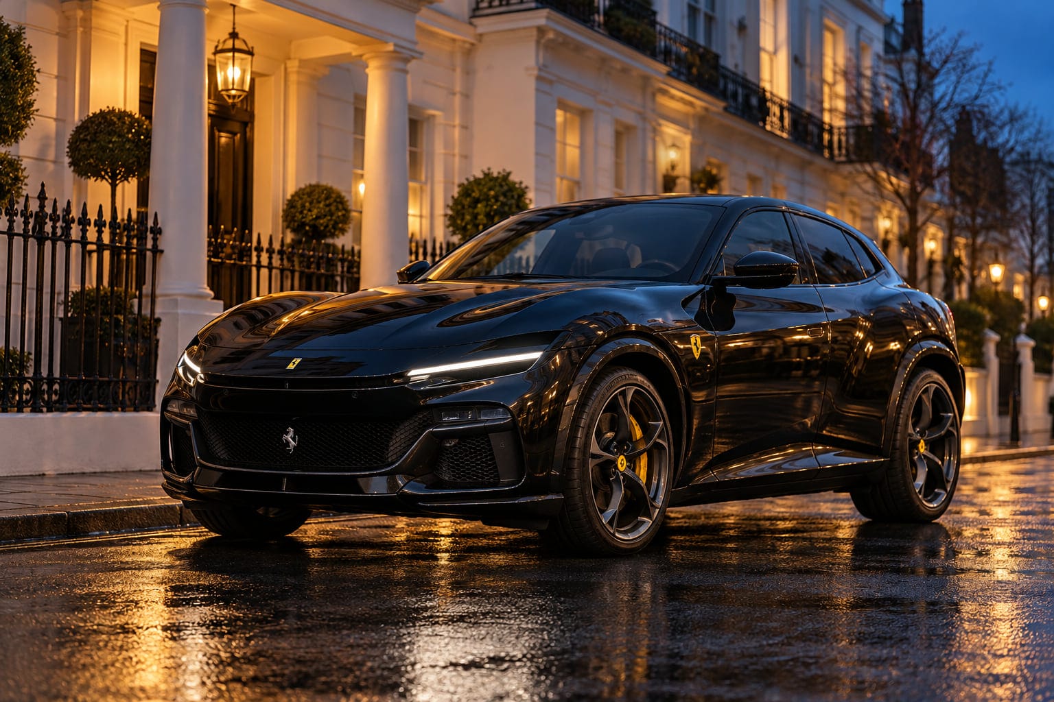 A black Ferrari Purosangue outside a white stucco Belgravia townhouse at dusk