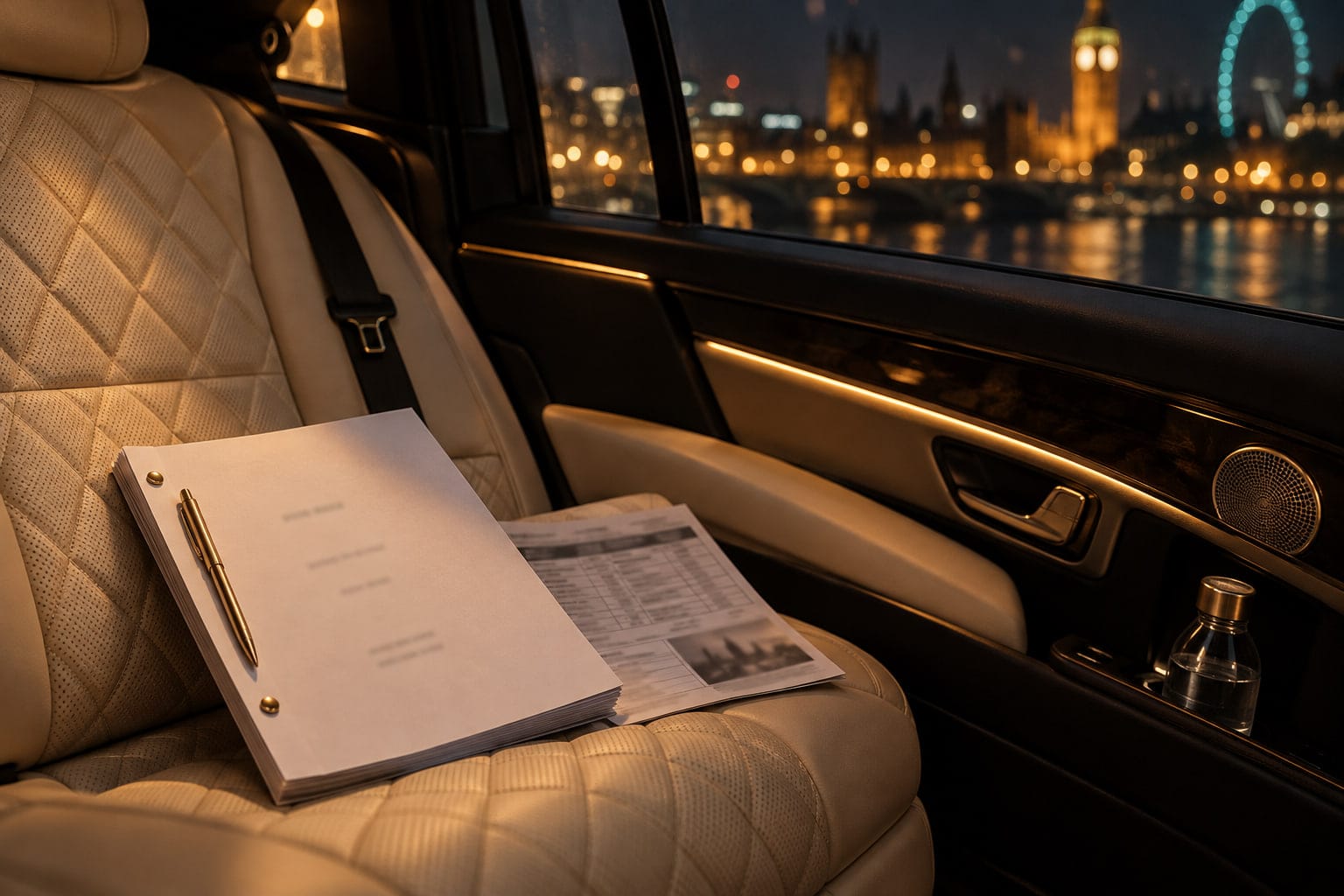 A bound shooting script and call sheet on the ivory leather rear seat of a chauffeur car, London lights beyond