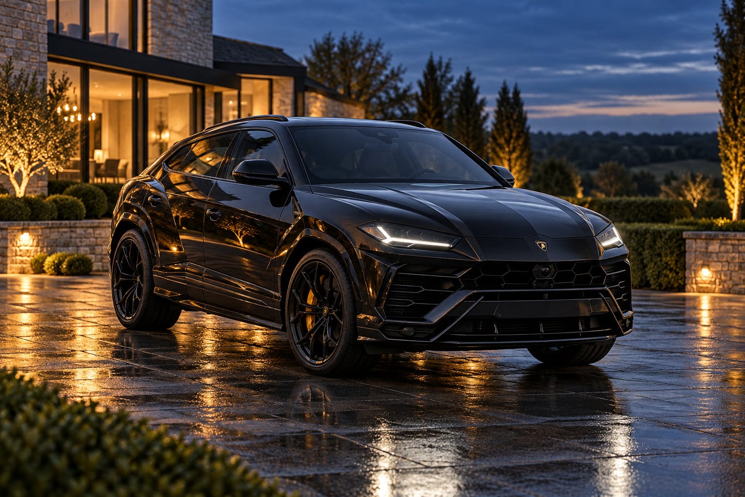 A black Lamborghini Urus on the driveway of a modern country house at dusk