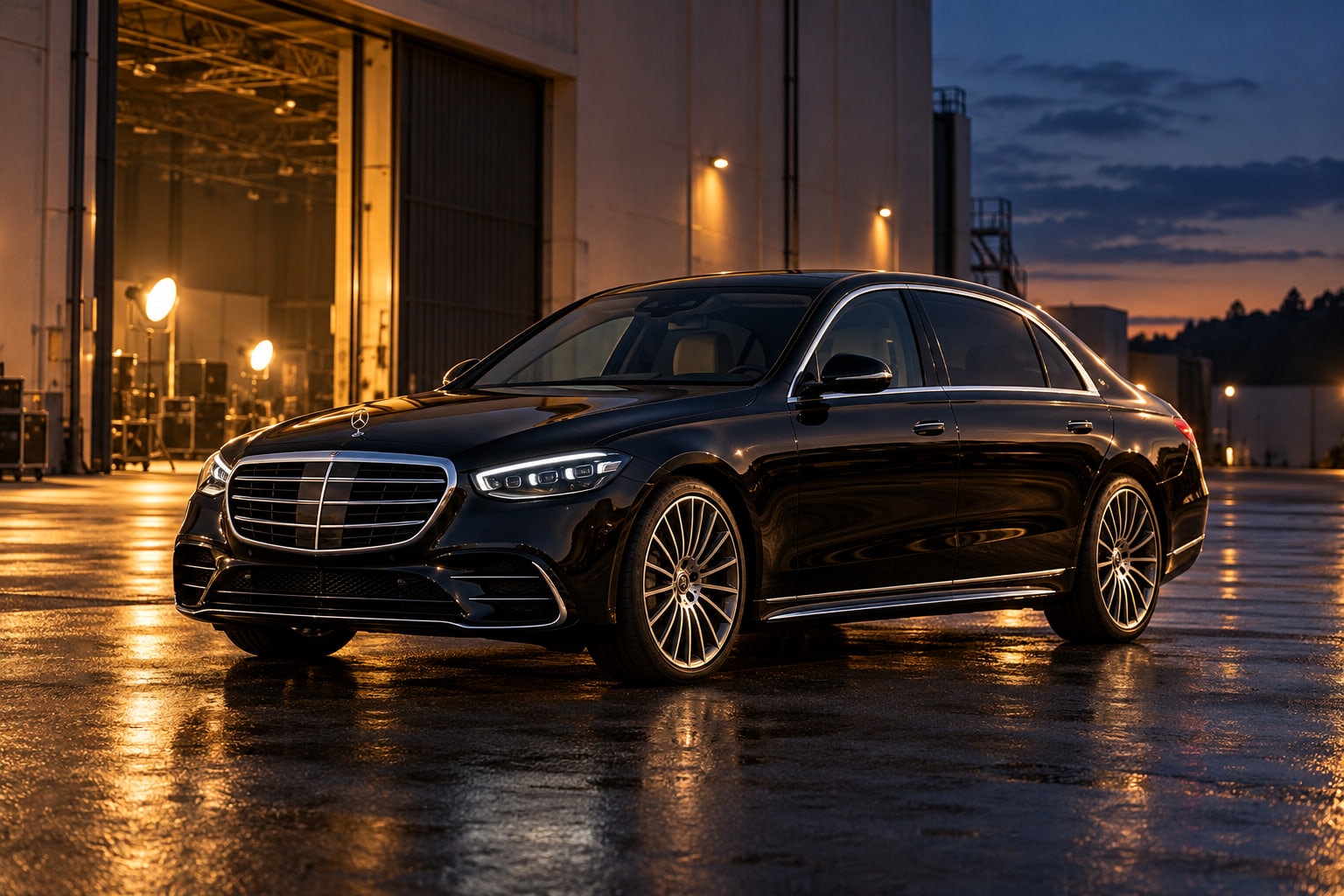 Black Mercedes-Benz S-Class parked outside a film studio soundstage at dusk