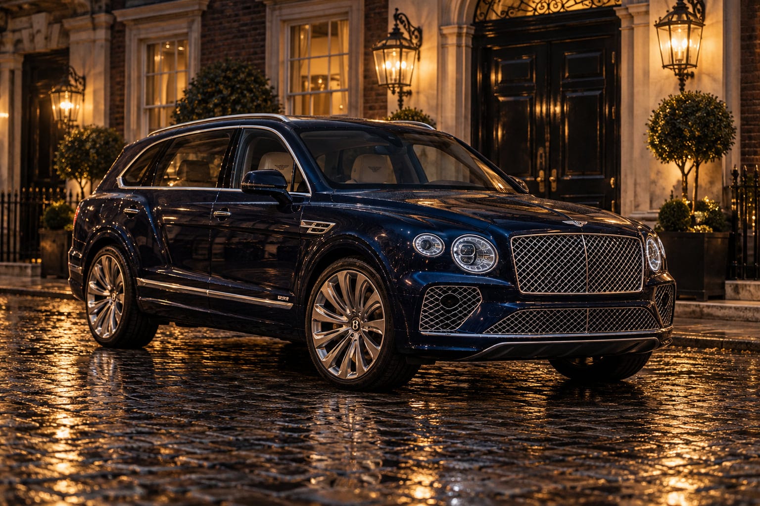 A sapphire Bentley Bentayga Mulliner in a cobbled Mayfair courtyard at night