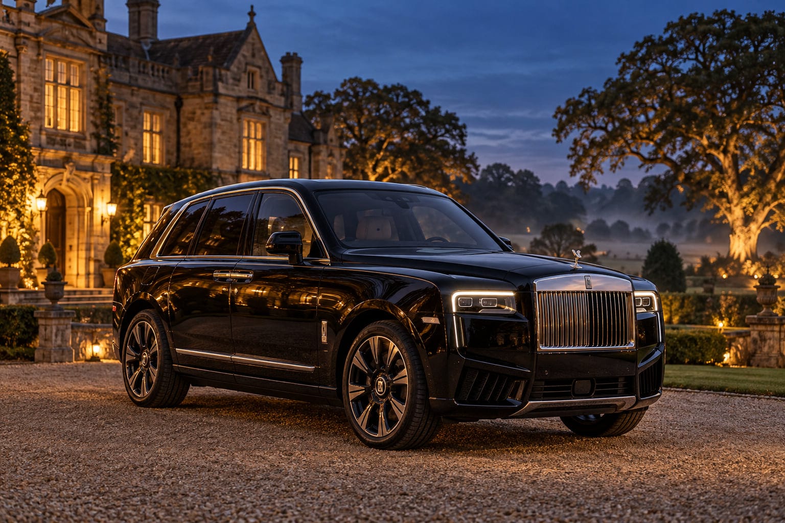 A black Rolls-Royce Cullinan on the gravel forecourt of an English country estate at dusk