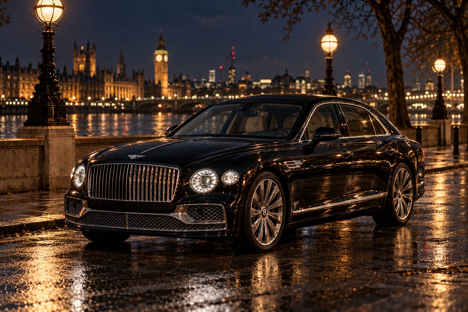 A black Bentley Flying Spur Mulliner on the Victoria Embankment at night