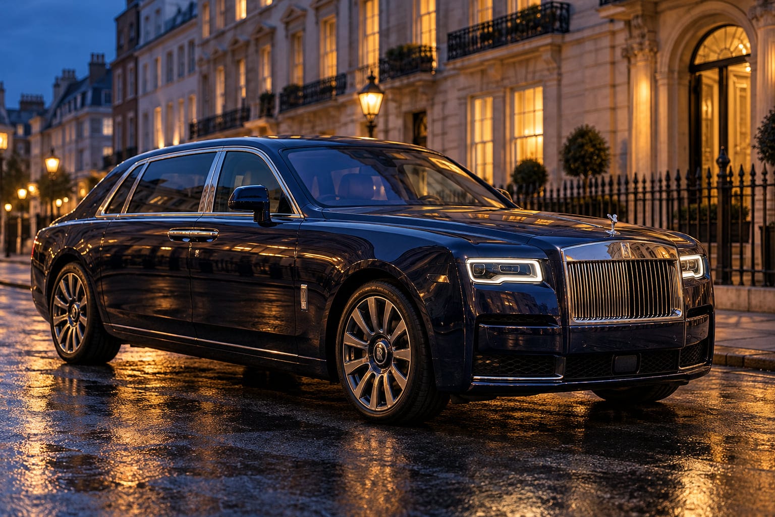 A midnight blue Rolls-Royce Ghost long-wheelbase in St James's at dusk